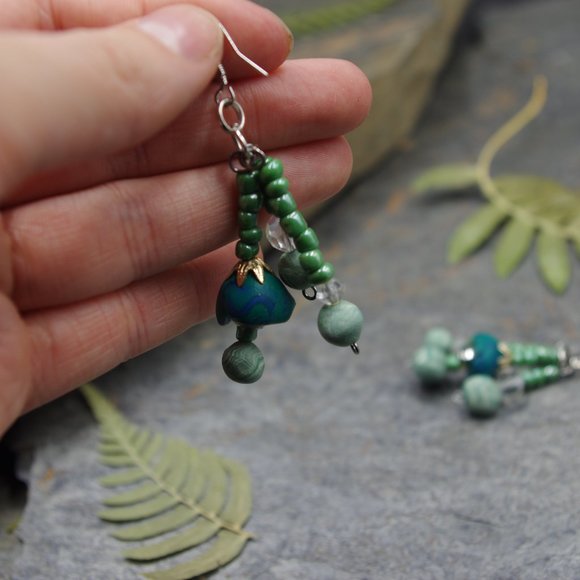 Dangling Cluster Ocean Beaded Earrings with Handmade Beads and Pearls - OOAK - Picture 5 of 10